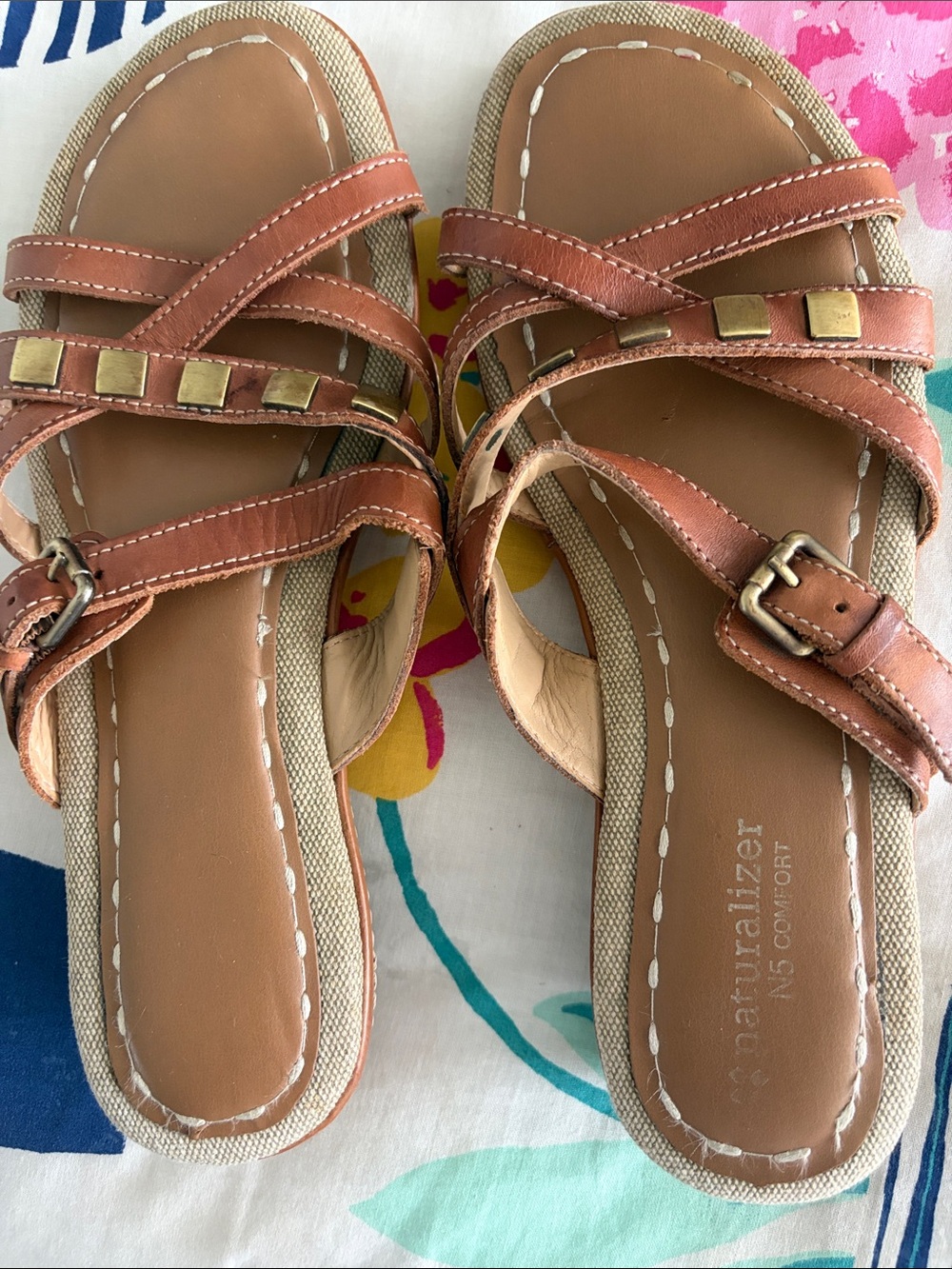 Naturalizer Brown Leather Strappy Buckle Sandals with Gold Studs